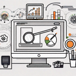 A desktop computer with various digital marketing tools symbolized by icons