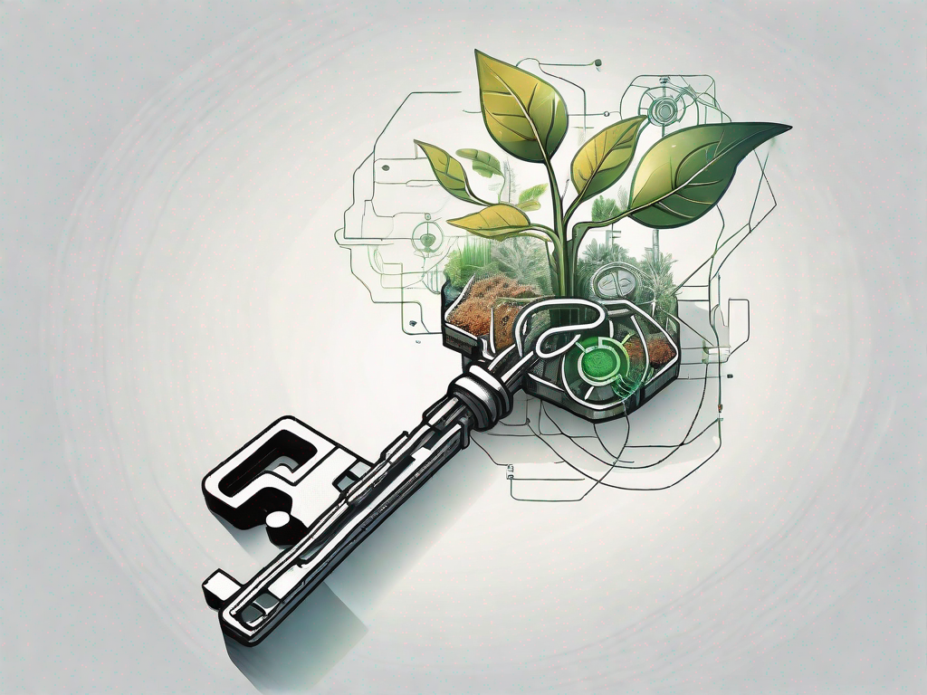 A large key unlocking a growing plant that is entwined with various technological and business elements