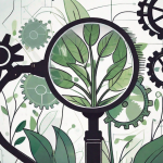 A magnifying glass focusing on a growing plant intertwined with gears