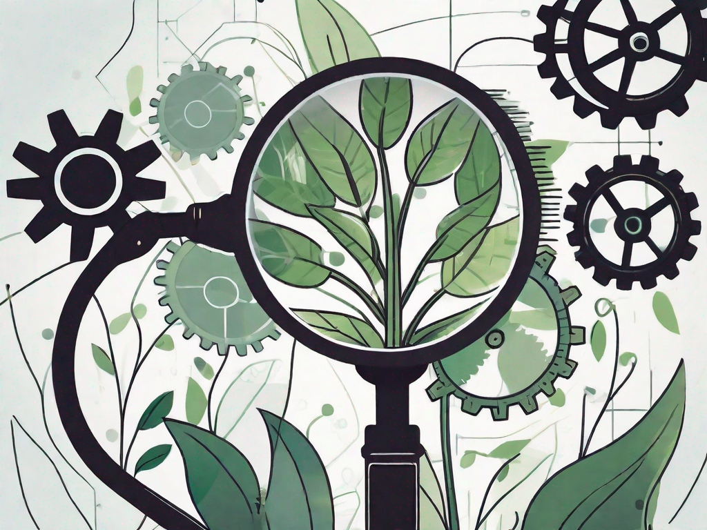 A magnifying glass focusing on a growing plant intertwined with gears