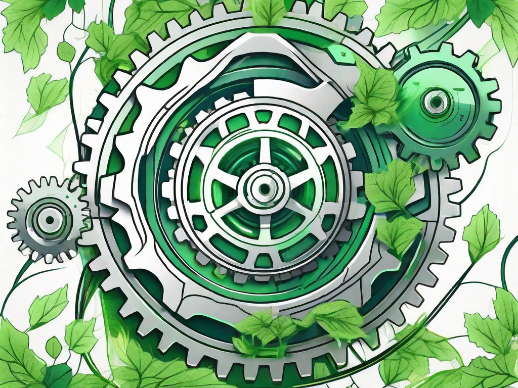 A robust gear system intertwined with flourishing green vines