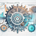 A futuristic digital marketplace with various scalable elements such as interconnected gears