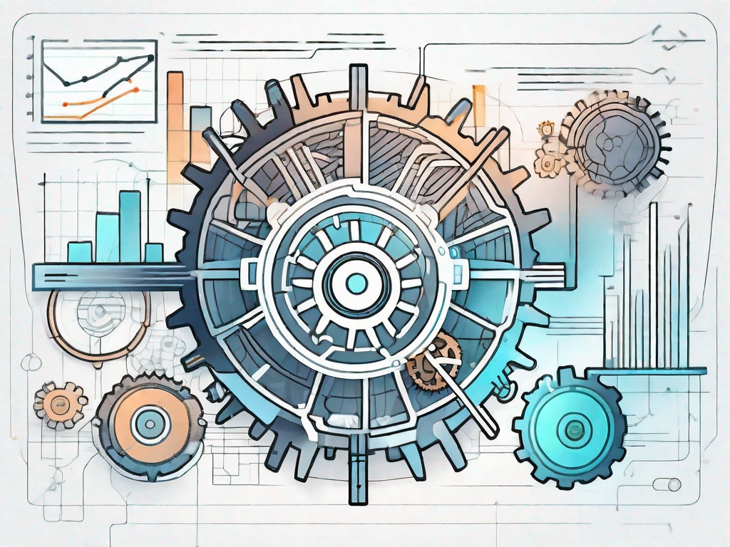 A futuristic digital marketplace with various scalable elements such as interconnected gears