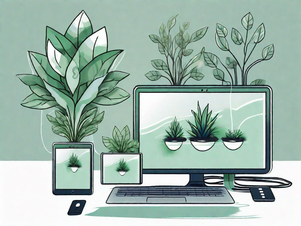 A growing plant that is connected to various digital devices