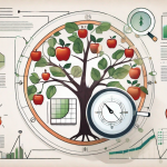 A growing apple tree with various business-related icons such as charts and graphs hanging as fruits