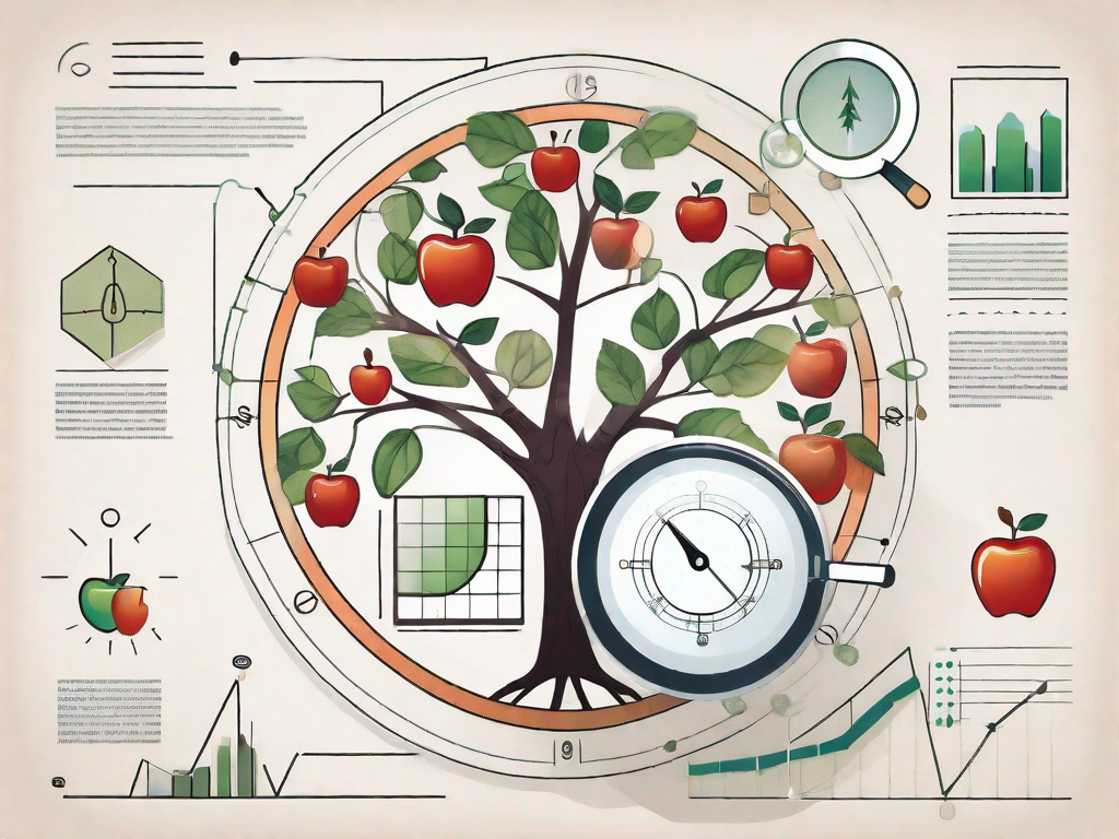 A growing apple tree with various business-related icons such as charts and graphs hanging as fruits