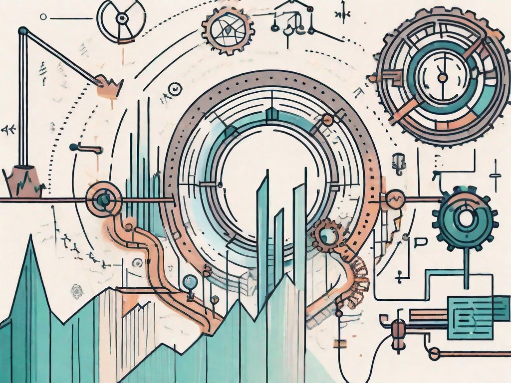 A looped pathway with various business-related icons (like graphs