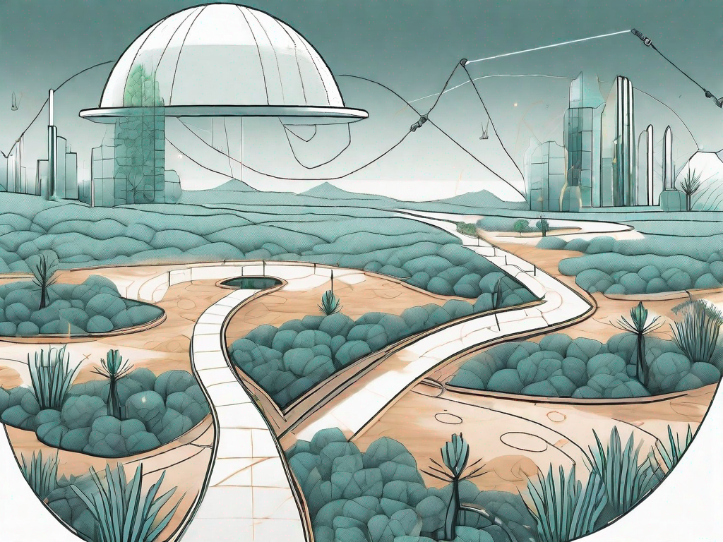 A futuristic digital landscape with a clear path cutting through