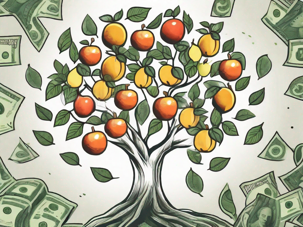 A growing tree with dollar signs as fruits and branches extending out in various directions