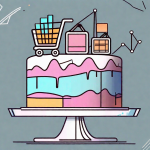 A large cake with a shopping cart on top and upward trending graphs on the sides