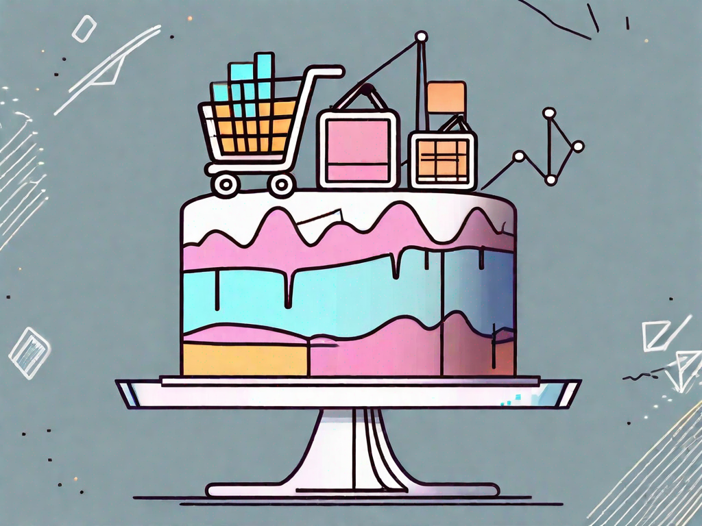 A large cake with a shopping cart on top and upward trending graphs on the sides