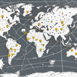 A world map covered in dotted lines and markers