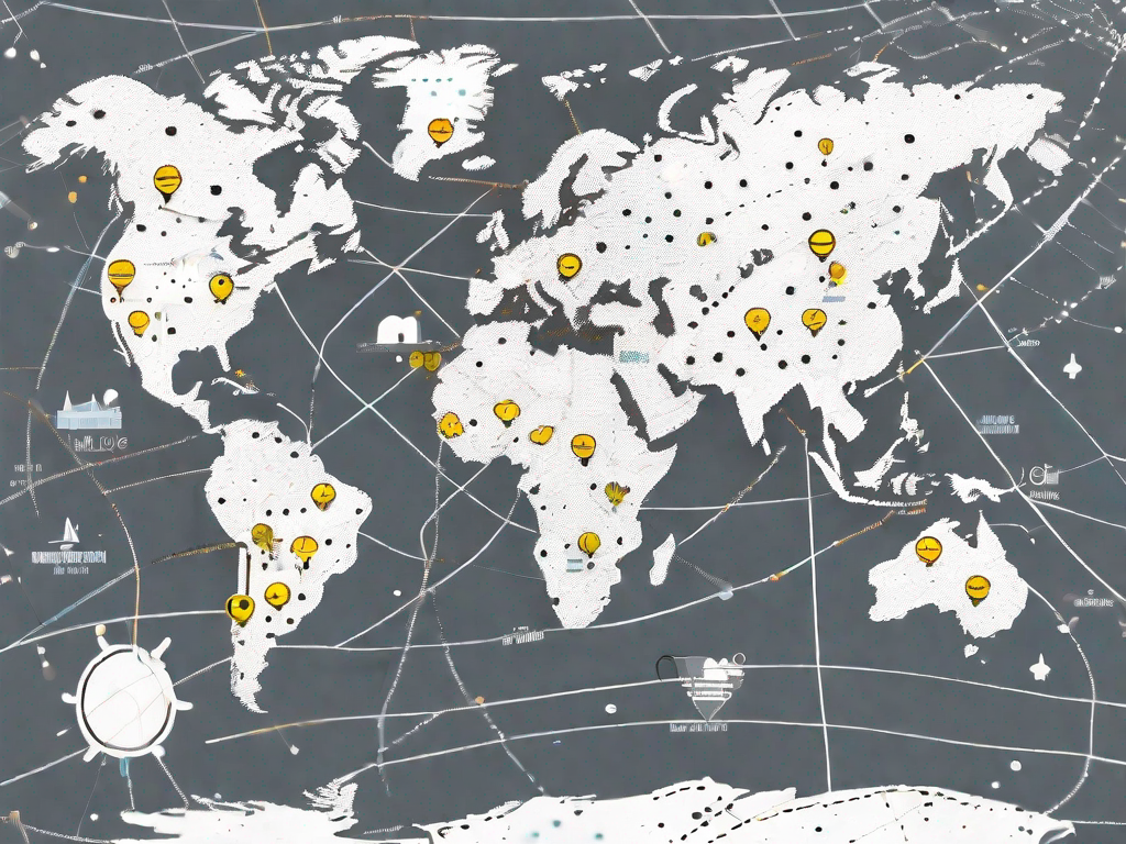 A world map covered in dotted lines and markers