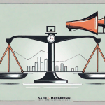 A scale balancing a marketing megaphone on one side and a safe (representing finance) on the other