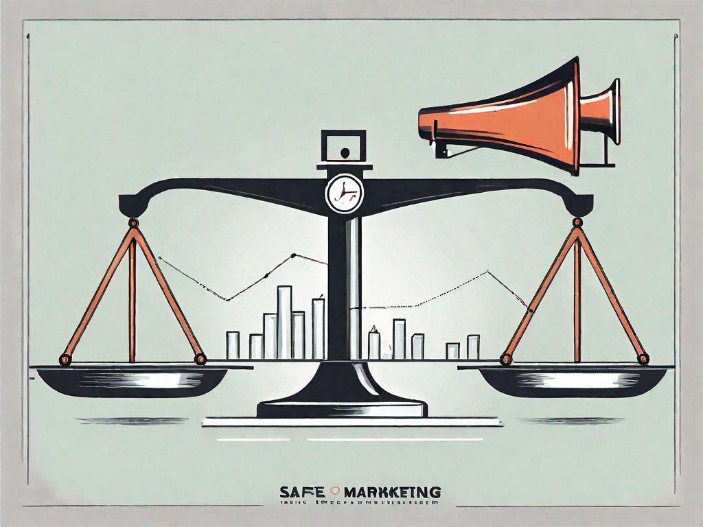 A scale balancing a marketing megaphone on one side and a safe (representing finance) on the other