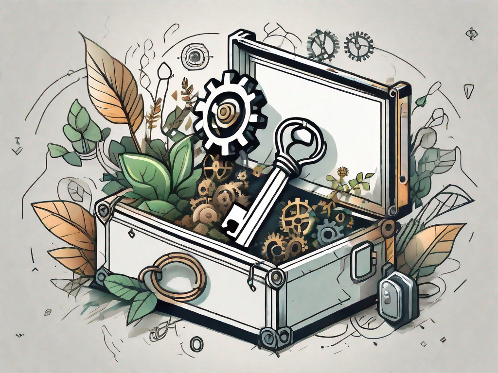 A large key unlocking a chest overflowing with symbols of growth such as plants