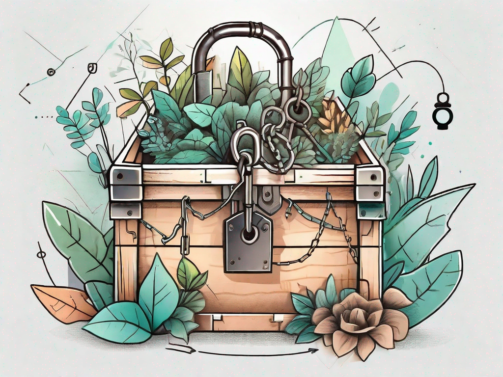 A large key unlocking a treasure chest filled with symbols of growth like plants