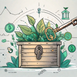 A large key unlocking a treasure chest that is overflowing with symbols of growth like plants