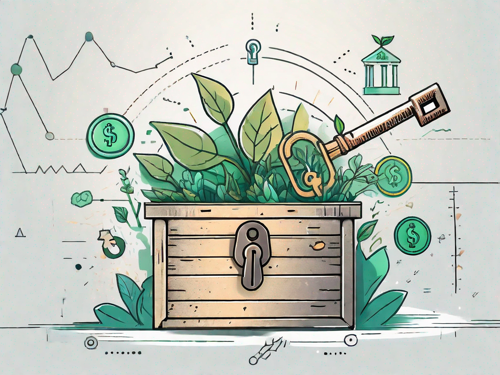 A large key unlocking a treasure chest that is overflowing with symbols of growth like plants