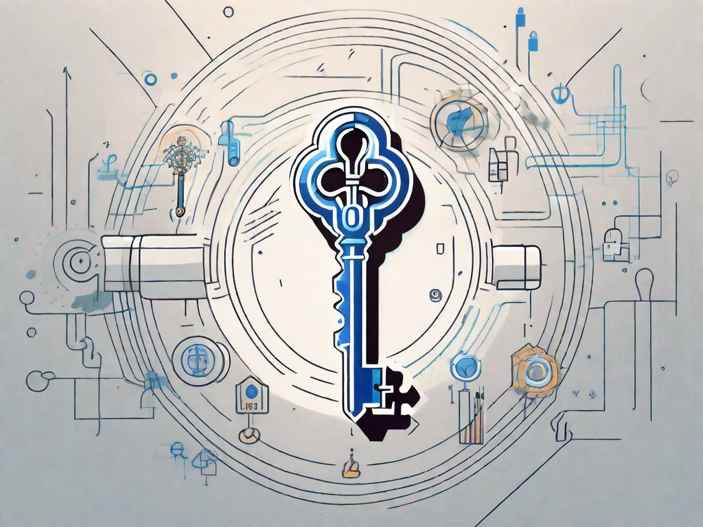 A giant key unlocking a stylized