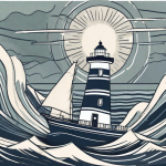 A ship (representing the affiliate program) navigating through stormy seas (representing the crisis) with a lighthouse (representing paid advertising campaigns) guiding its way