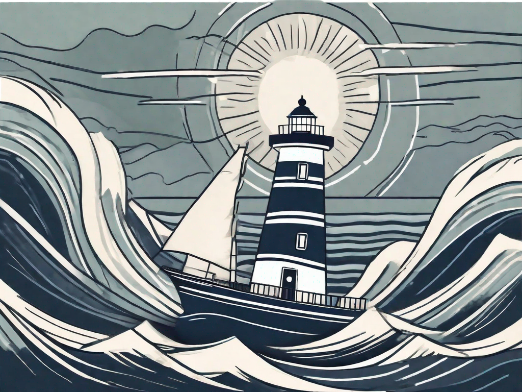 A ship (representing the affiliate program) navigating through stormy seas (representing the crisis) with a lighthouse (representing paid advertising campaigns) guiding its way