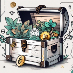 A key unlocking a treasure chest filled with symbols of growth such as plants