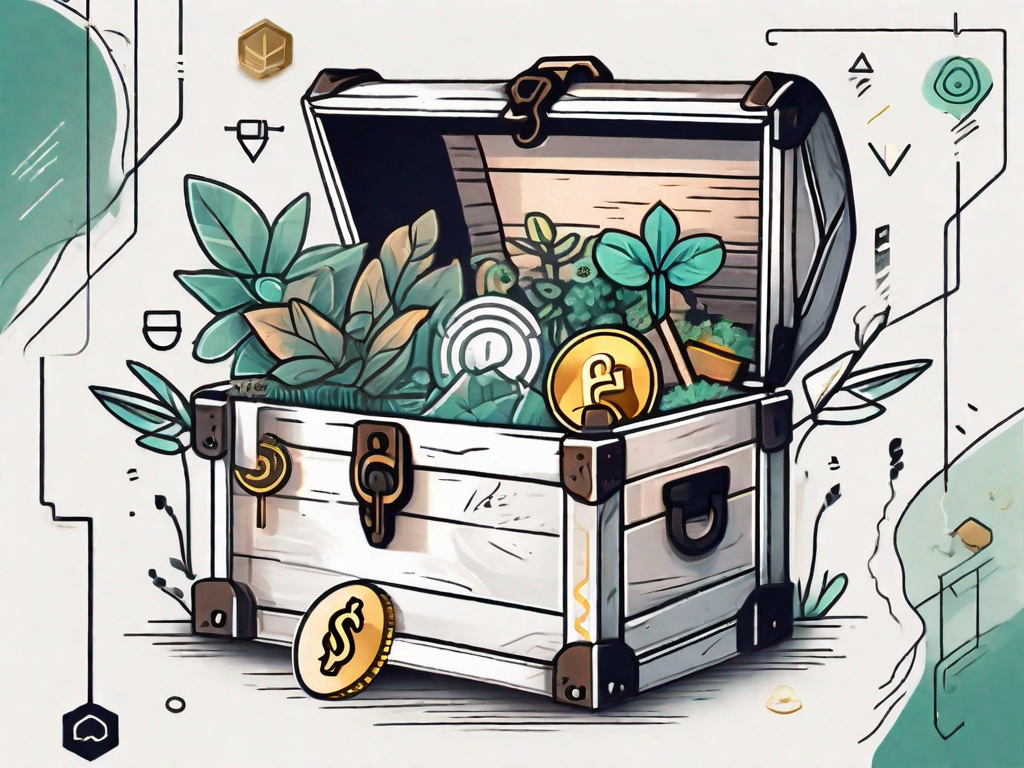 A key unlocking a treasure chest filled with symbols of growth such as plants