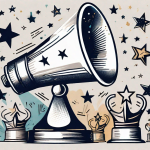 A megaphone surrounded by various symbols of success like stars