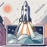 A rocket ship launching from a laptop