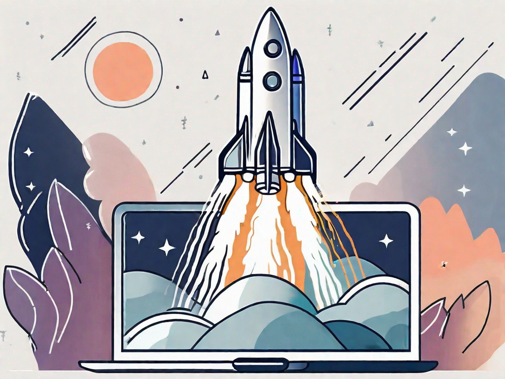 A rocket ship launching from a laptop