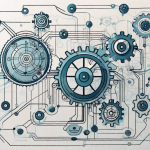 An abstract representation of an ios device with various interconnected network symbols and gears