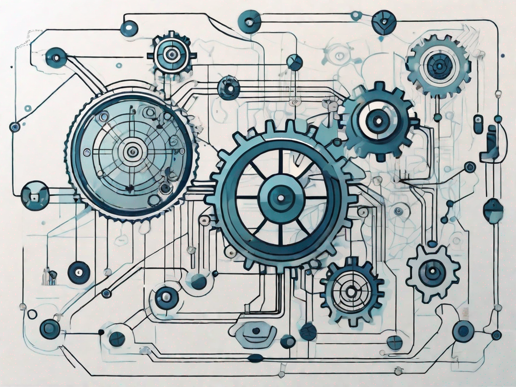 An abstract representation of an ios device with various interconnected network symbols and gears