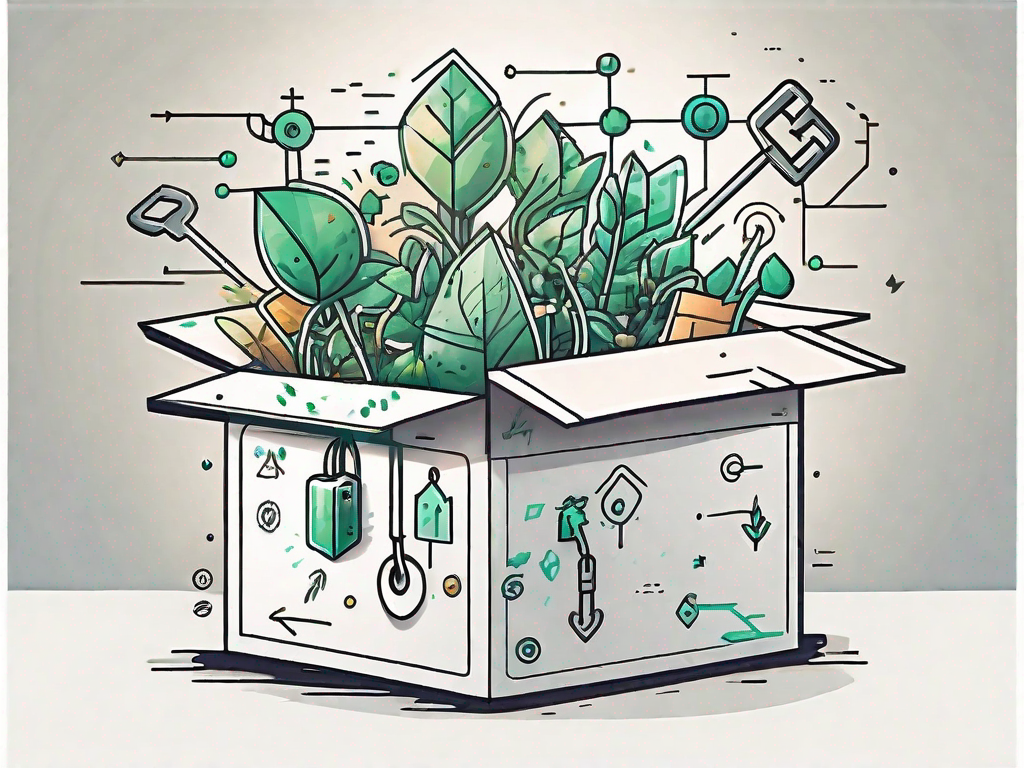 A large key unlocking a box that's bursting with symbols of growth (like a growing plant or a rising arrow) and affiliate marketing icons (like interconnected nodes or links)