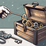 A large key unlocking a treasure chest filled with various digital marketing tools