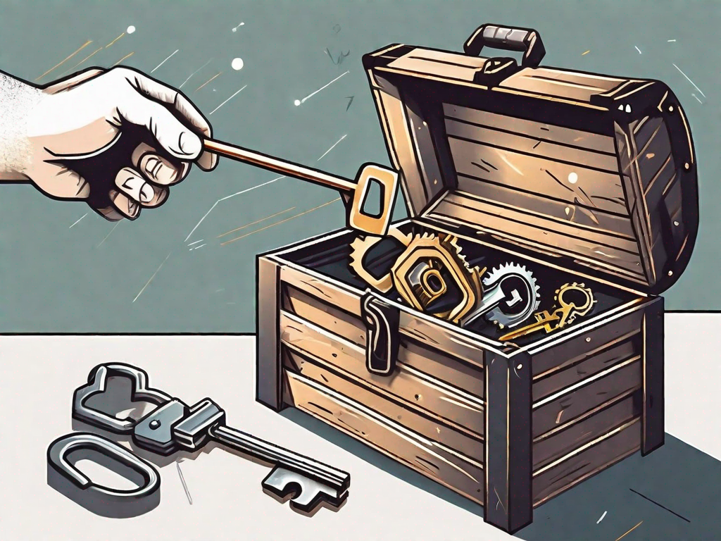 A large key unlocking a treasure chest filled with various digital marketing tools