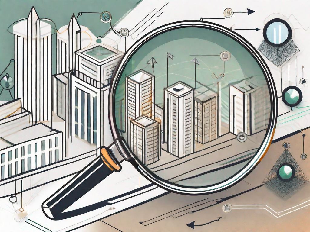 A magnifying glass focusing on a symbolic seo agency building