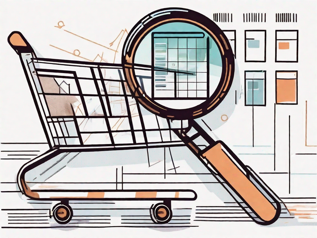 A magnifying glass hovering over a stylized representation of a digital shopping cart and calendar