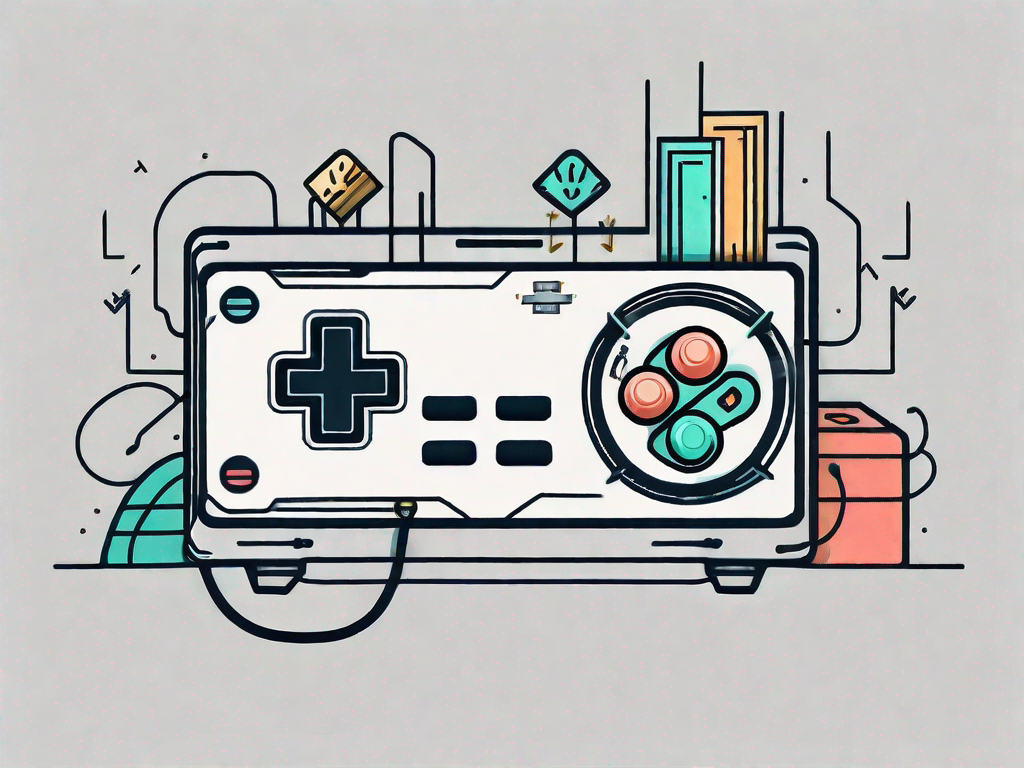 A gaming console connected to various symbolic elements like a growth arrow