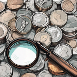 A magnifying glass focusing on a pile of coins