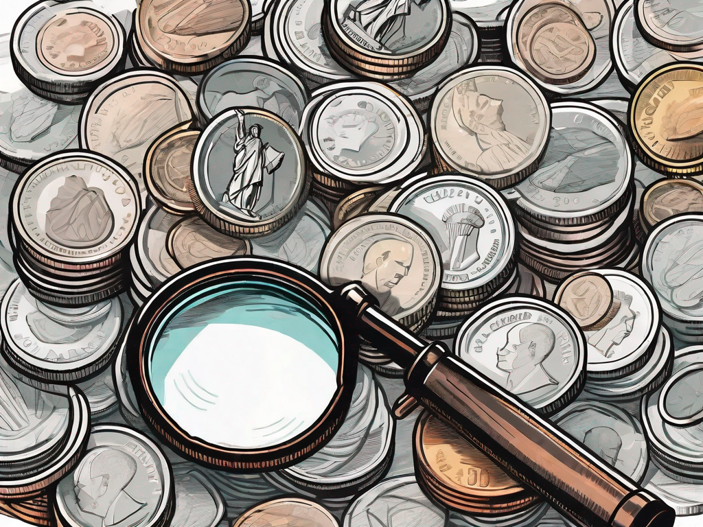 A magnifying glass focusing on a pile of coins