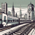 A city landscape with multiple train tracks crisscrossing