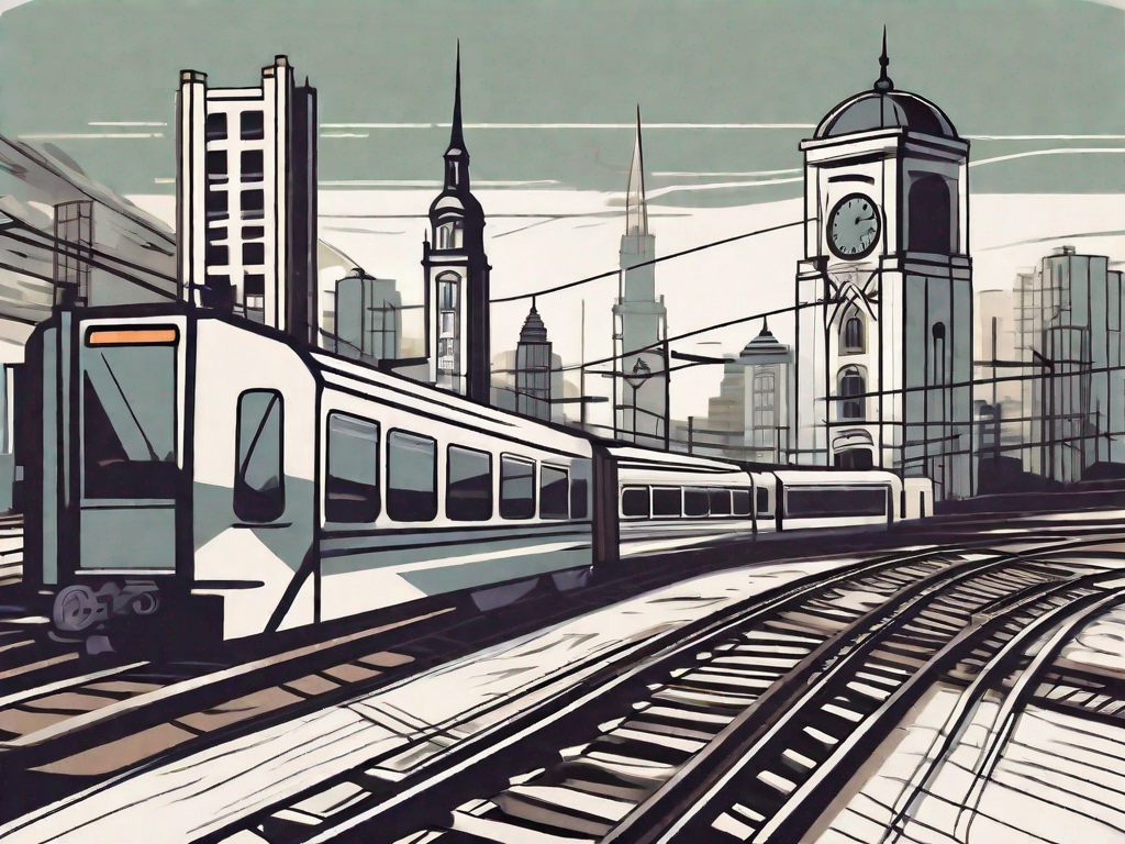 A city landscape with multiple train tracks crisscrossing