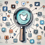 A magnifying glass hovering over various social media icons