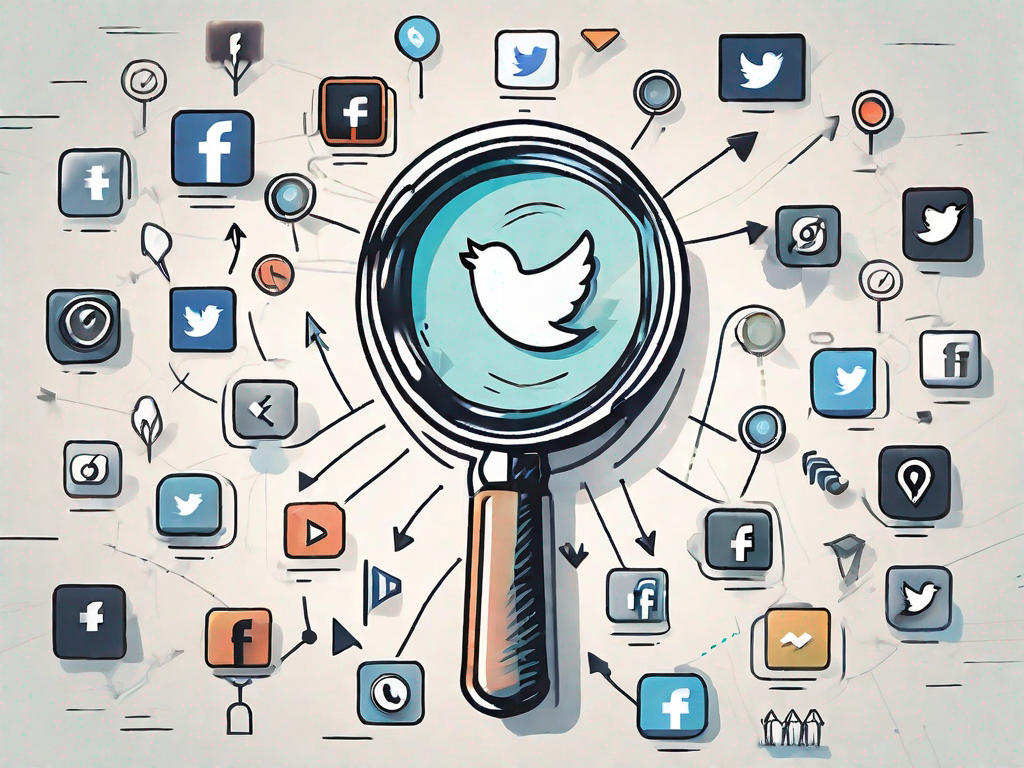 A magnifying glass hovering over various social media icons