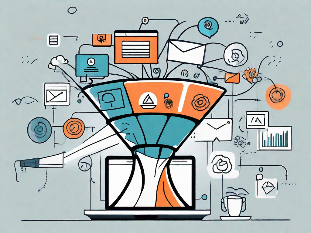 A large funnel filled with various symbols representing business interactions (like emails