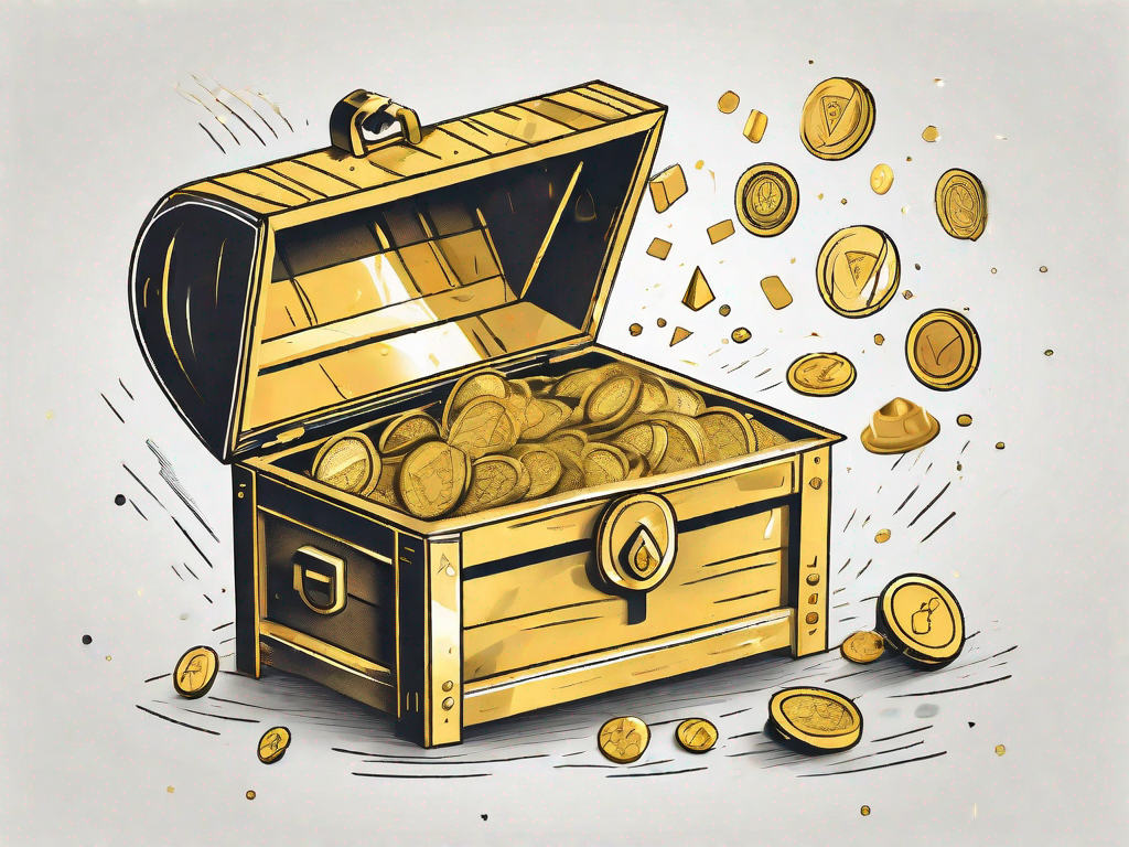 A treasure chest filled with various symbols of value (like diamonds