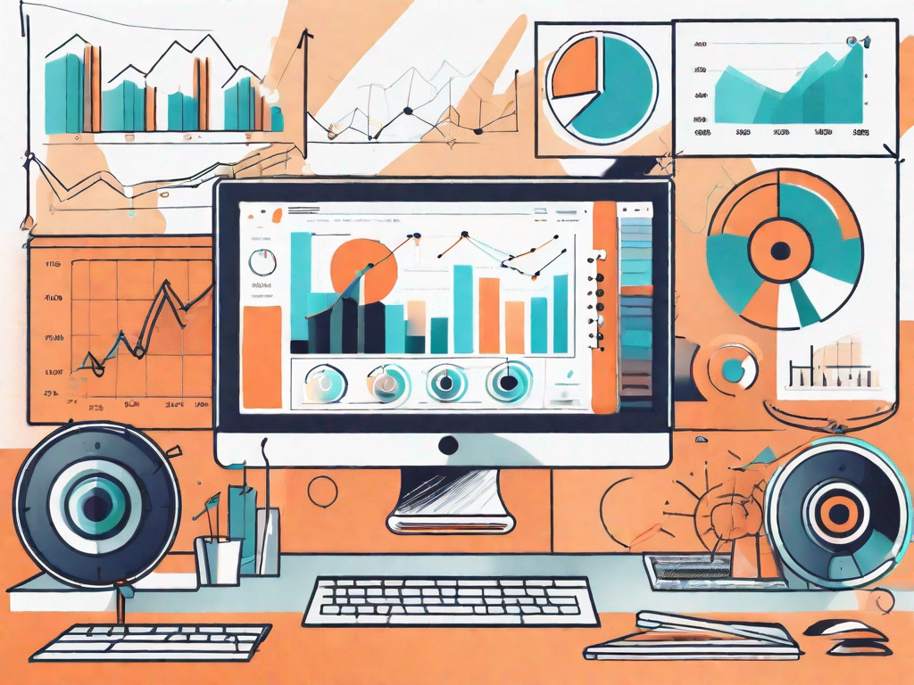 A computer screen displaying a video with various marketing tools such as charts