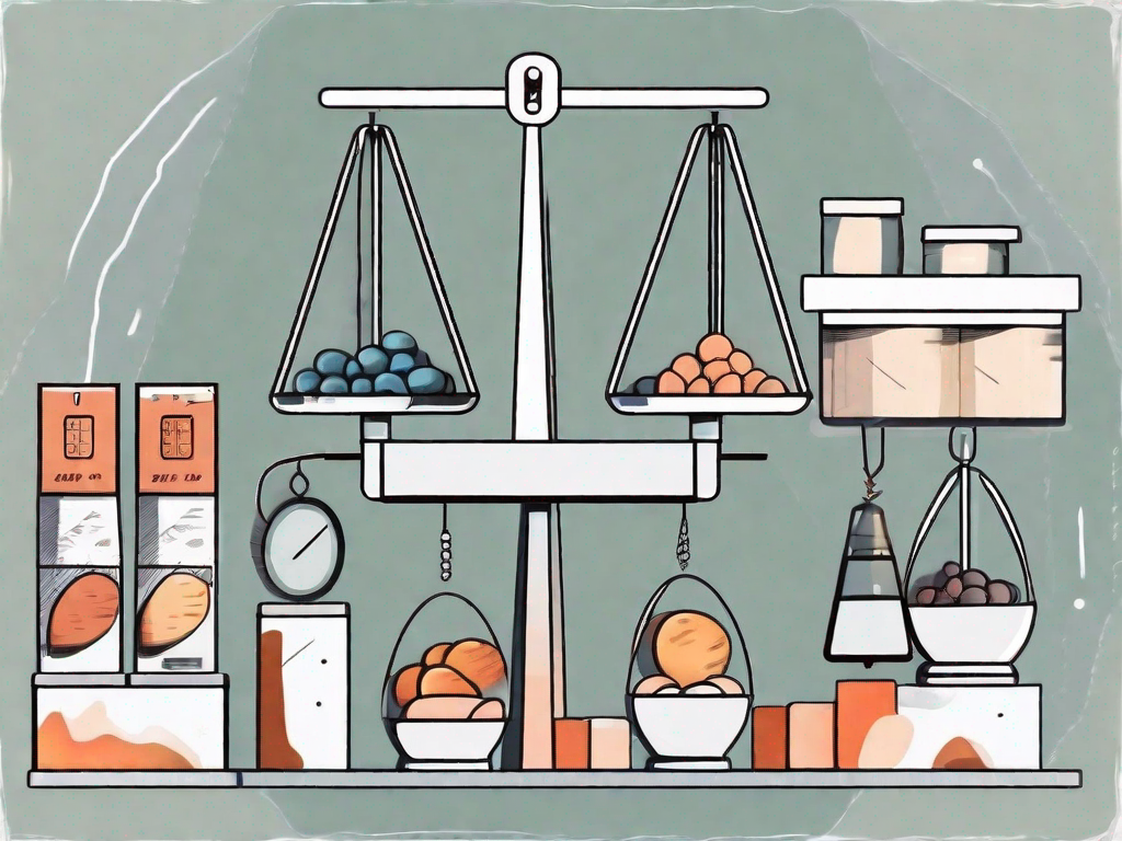 A balanced scale with price tags on one side and a collection of various products on the other side