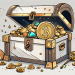 A large key unlocking a treasure chest filled with symbols of wealth like gold coins and gems